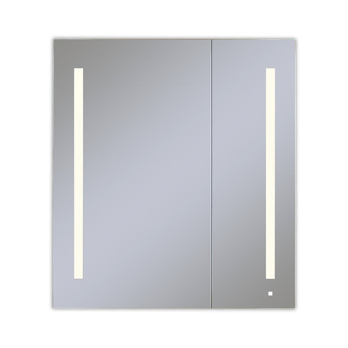 AiO 35-1/4" x 40" x 4" two door lighted cabinet with large door at left with LUM LED lighting at 2700 kelvin temperature (warm light), dimmable, interior lighting, electrical outlet, USB charging ports and magnetic storage strip