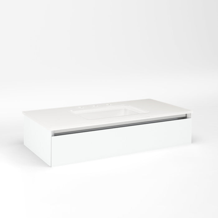 Cartesian 36-1/8" x 7-1/2" x 18-3/4" slim drawer vanity in white with slow-close plumbing drawer and night light in 5000K temperature (cool light)