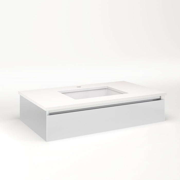 Cartesian 36-1/8" x 7-1/2" x 21-3/4" slim drawer vanity in satin white with slow-close plumbing drawer and no night light