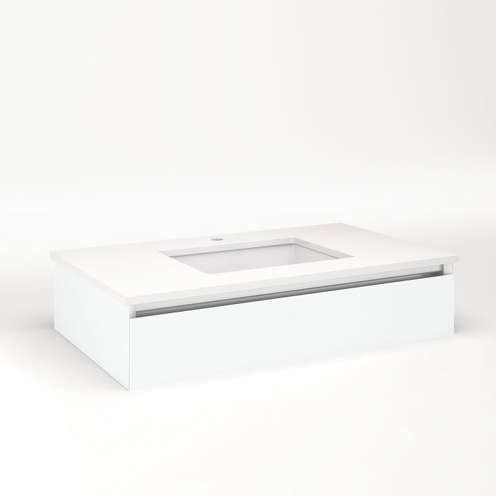 Cartesian 36-1/8" x 7-1/2" x 21-3/4" slim drawer vanity in matte white with slow-close plumbing drawer and no night light