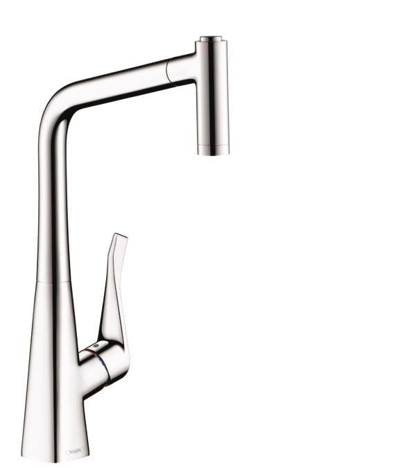 hansgrohe 14820001 Metris High-Arc Pull-Out Kitchen Faucet with Magnetic Docking Spray Head and Locking Diverter in Chrome