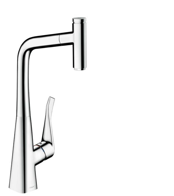 hansgrohe 14848001 Metris Select Pull-Out Prep Kitchen Faucet with Select On/Off Push Button in Chrome