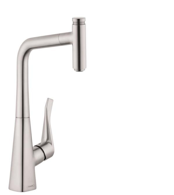 hansgrohe 14848801 Metris Select Pull-Out Prep Kitchen Faucet with Select On/Off Push Button in Steel Optic