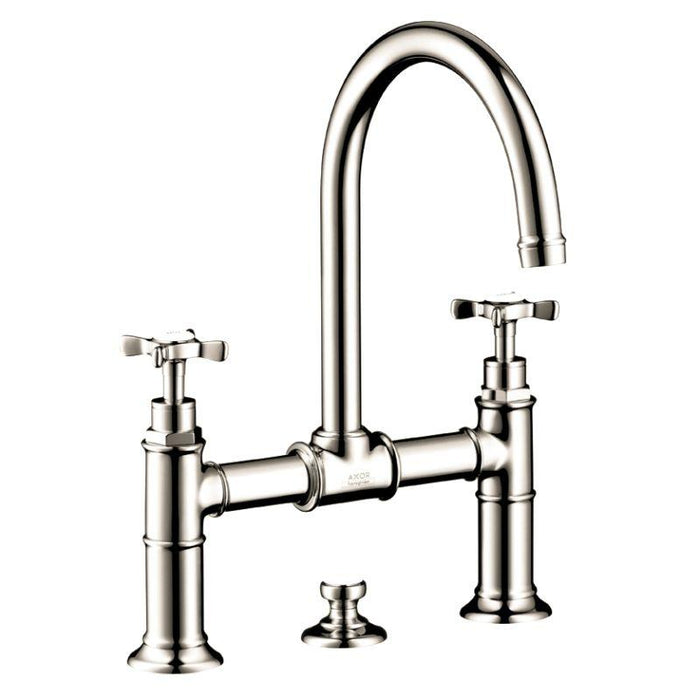 AXOR 16510831 Montreux 1.2 GPM Widespread Bridge Bathroom Faucet with Swivel Spout Cross Handles and Drain Assembly in Polished Nickel