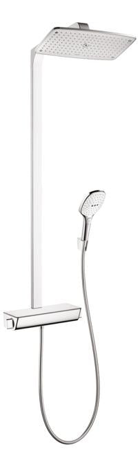 hansgrohe 27112401 Raindance Select Showerpipe with Rain Shower Head, Multi-Function Hand Shower and Glass Shelf in Chrome/White