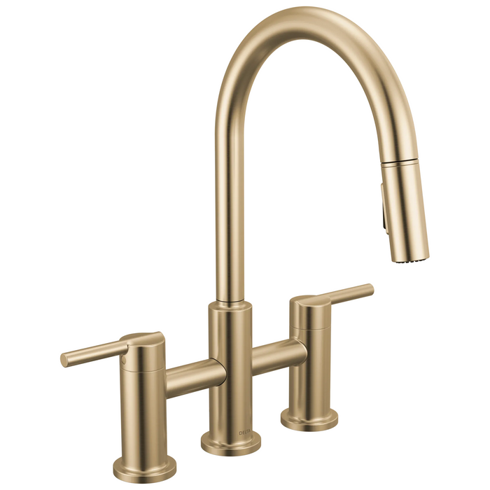 Delta Nicoli 39876LF Two Handle Pull-Down Bridge Kitchen Faucet - Champagne Bronze