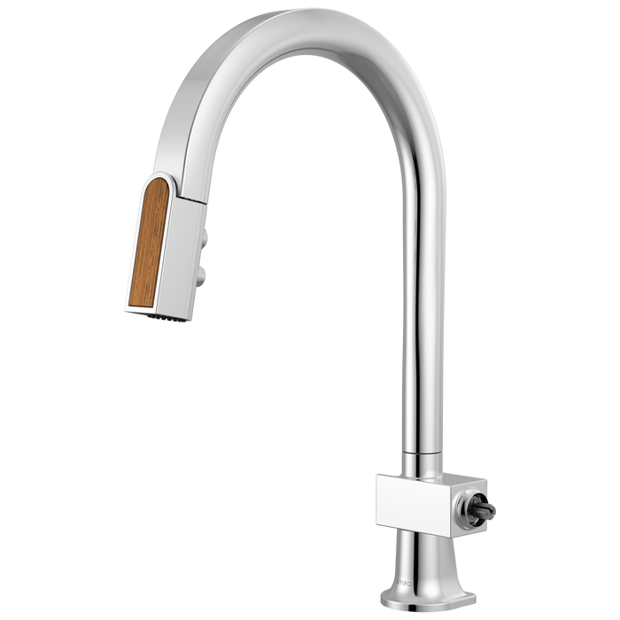 Brizo Frank Lloyd Wright 63022LF Pull-Down Kitchen Faucet with Arc Spout and Wood Wand - Less Handle - Polished Chrome / Teak Wood