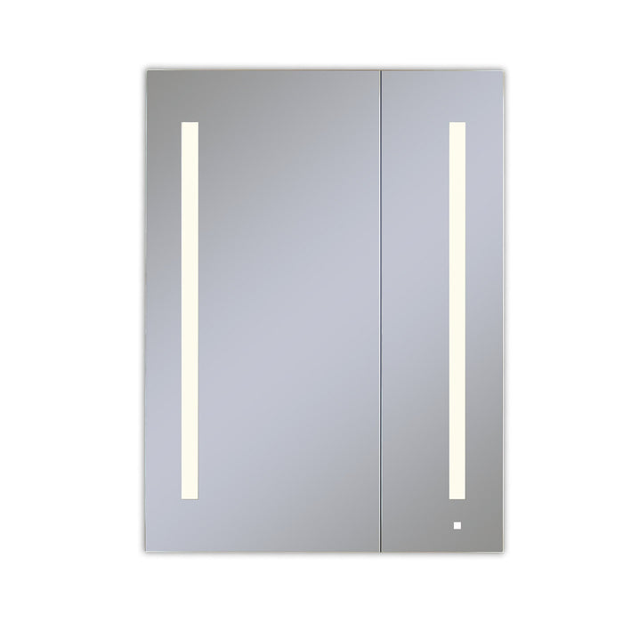 AiO 29-1/4" x 40" x 4" two door lighted cabinet with large door at left with LUM LED lighting at 2700 kelvin temperature (warm light), dimmable, interior lighting, electrical outlet, USB charging port and magnetic storage strip