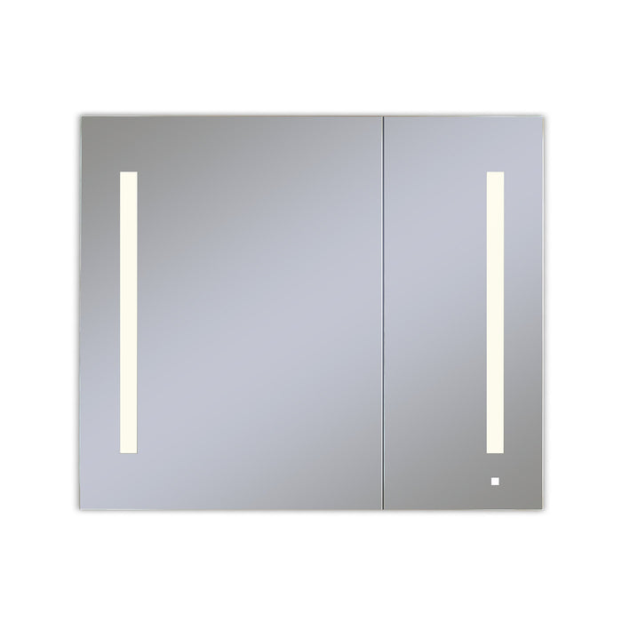 AiO 35-1/4" x 30" x 4" two door lighted cabinet with large door at left with LUM LED lighting at 2700 kelvin temperature (warm light), dimmable, interior lighting, electrical outlet, USB charging ports and magnetic storage strip