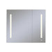 AiO 35-1/4" x 30" x 4" two door lighted cabinet with large door at left with LUM LED lighting at 2700 kelvin temperature (warm light), dimmable, interior lighting, electrical outlet, USB charging ports and magnetic storage strip