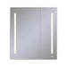 AiO 35-1/4" x 40" x 4" two door lighted cabinet with large door at left with LUM LED lighting at 2700 kelvin temperature (warm light), dimmable, interior lighting, electrical outlet, USB charging ports and magnetic storage strip