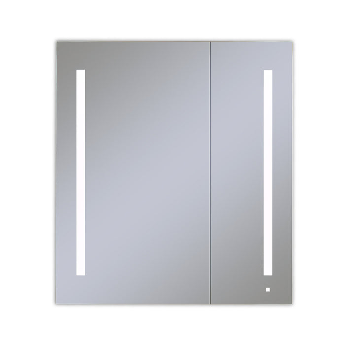 AiO 35-1/4" x 40" x 4" two door lighted cabinet with large door at left with LUM LED lighting at 4000 kelvin temperature (cool light), dimmable, interior lighting, electrical outlet, USB charging ports and magnetic storage strip