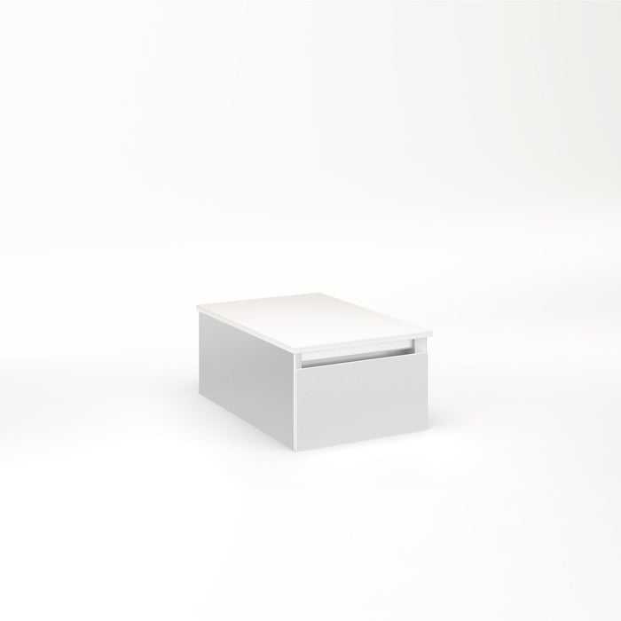 Cartesian 12-1/8" x 7-1/2" x 18-3/4" slim drawer vanity in satin white with slow-close full drawer and selectable night light in 2700K/4000K temperature (warm/cool light)