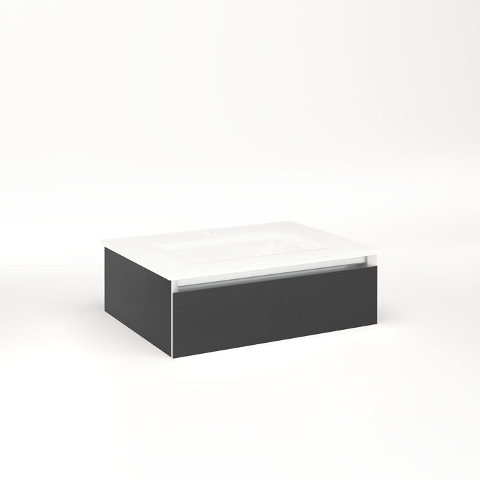 Cartesian 24-1/8" x 7-1/2" x 18-3/4" slim drawer vanity in smoke screen with slow-close full drawer and selectable night light in 2700K/4000K temperature (warm/cool light)