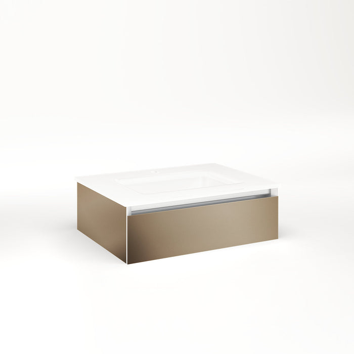 Cartesian 24-1/8" x 7-1/2" x 18-3/4" slim drawer vanity in satin bronze with slow-close plumbing drawer and selectable night light in 2700K/4000K temperature (warm/cool light)