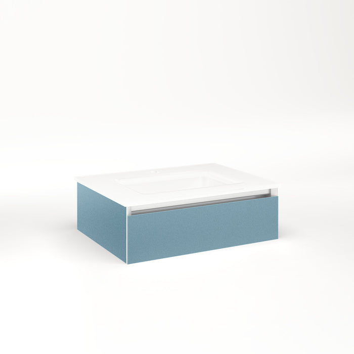 Cartesian 24-1/8" x 7-1/2" x 18-3/4" slim drawer vanity in ocean with slow-close plumbing drawer and selectable night light in 2700K/4000K temperature (warm/cool light)