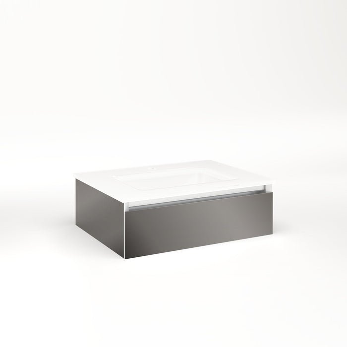 Cartesian 24-1/8" x 7-1/2" x 18-3/4" slim drawer vanity in tinted gray mirror with slow-close tip out drawer and selectable night light in 2700K/4000K temperature (warm/cool light)
