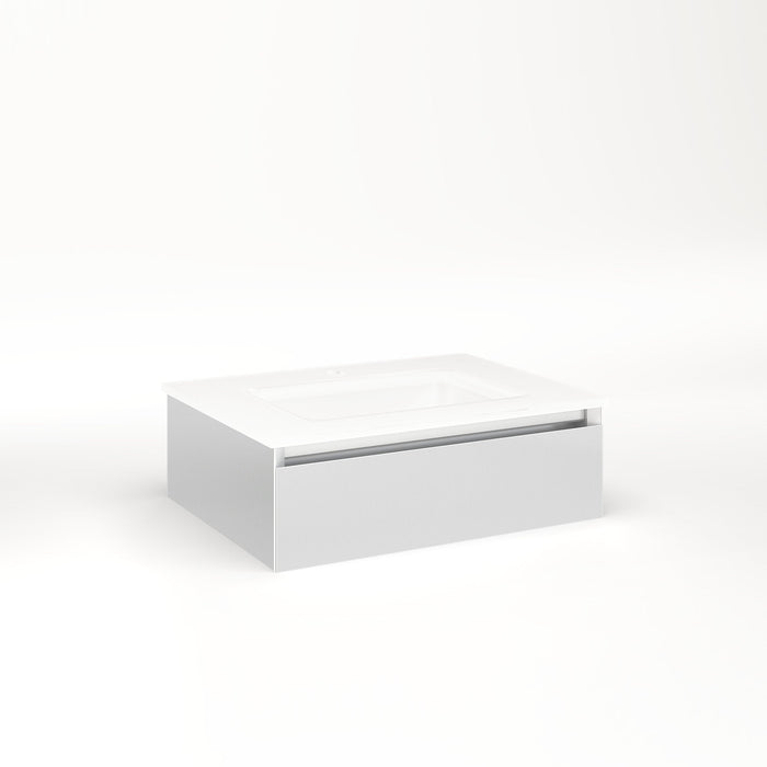 Cartesian 24-1/8" x 7-1/2" x 18-3/4" slim drawer vanity in satin white with slow-close tip out drawer and selectable night light in 2700K/4000K temperature (warm/cool light)