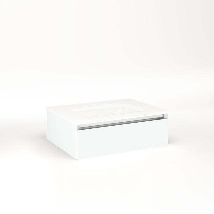 Cartesian 24-1/8" x 7-1/2" x 18-3/4" slim drawer vanity in matte white with slow-close tip out drawer and no night light