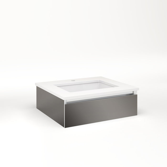 Cartesian 24-1/8" x 7-1/2" x 21-3/4" slim drawer vanity in tinted gray mirror with slow-close plumbing drawer and night light in 5000K temperature (cool light)