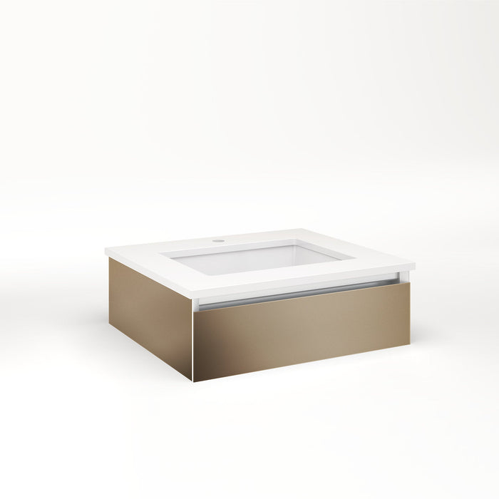 Cartesian 24-1/8" x 7-1/2" x 21-3/4" slim drawer vanity in satin bronze with slow-close plumbing drawer and night light in 5000K temperature (cool light)