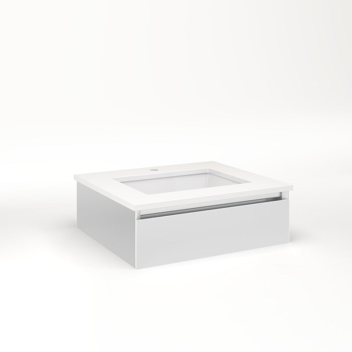Cartesian 24-1/8" x 7-1/2" x 21-3/4" slim drawer vanity in satin white with slow-close plumbing drawer and night light in 5000K temperature (cool light)