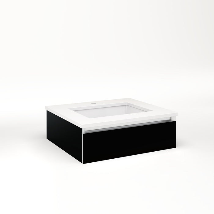 Cartesian 24-1/8" x 7-1/2" x 21-3/4" slim drawer vanity in black with slow-close plumbing drawer and selectable night light in 2700K/4000K temperature (warm/cool light)