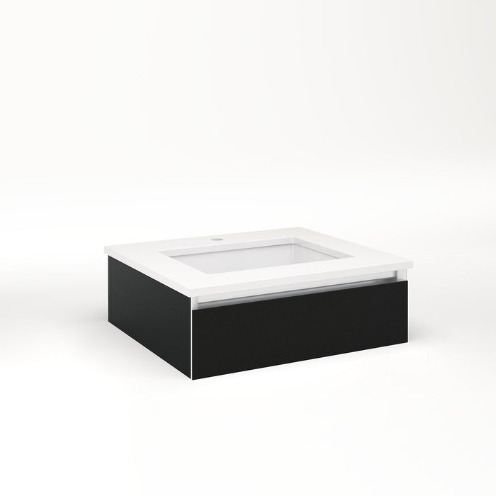 Cartesian 24-1/8" x 7-1/2" x 21-3/4" slim drawer vanity in matte black with slow-close plumbing drawer and selectable night light in 2700K/4000K temperature (warm/cool light)