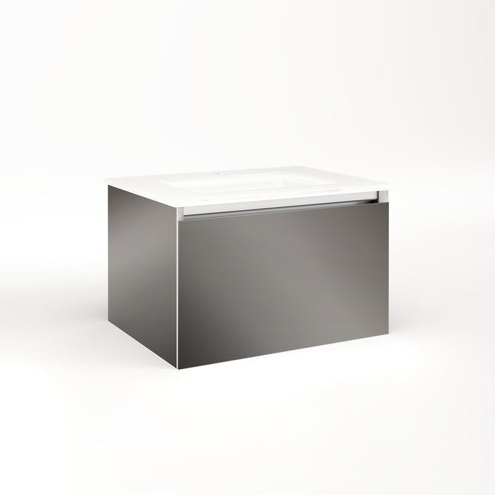 Cartesian 24-1/8" x 15" x 18-3/4" slim drawer vanity in tinted gray mirror with slow-close plumbing drawer and selectable night light in 2700K/4000K temperature (warm/cool light)