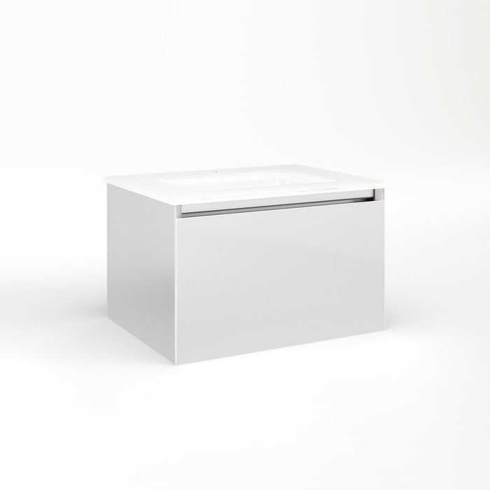 Cartesian 24-1/8" x 15" x 18-3/4" slim drawer vanity in satin white with slow-close plumbing drawer and selectable night light in 2700K/4000K temperature (warm/cool light)