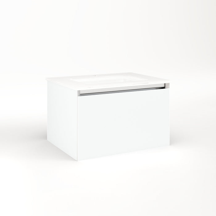 Cartesian 24-1/8" x 15" x 18-3/4" single drawer vanity in matte white with slow-close plumbing drawer and no night light