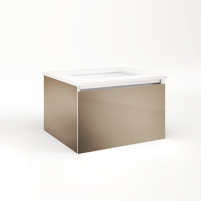 Cartesian 24-1/8" x 15" x 21-3/4" single drawer vanity in satin bronze with slow-close full drawer and night light in 5000K temperature (cool light)