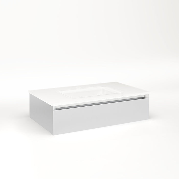 Cartesian 30-1/8" x 7-1/2" x 18-3/4" slim drawer vanity in satin white with slow-close full drawer and night light in 5000K temperature (cool light)