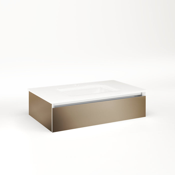 Cartesian 30-1/8" x 7-1/2" x 18-3/4" slim drawer vanity in satin bronze with slow-close plumbing drawer and night light in 5000K temperature (cool light)