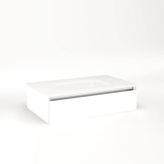 Cartesian 30-1/8" x 7-1/2" x 18-3/4" slim drawer vanity in white with slow-close plumbing drawer and night light in 5000K temperature (cool light)