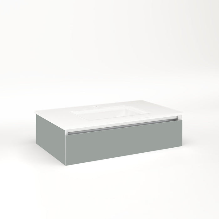 Cartesian 30-1/8" x 7-1/2" x 18-3/4" slim drawer vanity in matte gray with slow-close plumbing drawer and selectable night light in 2700K/4000K temperature (warm/cool light)