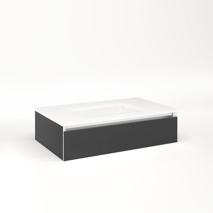 Cartesian 30-1/8" x 7-1/2" x 18-3/4" slim drawer vanity in smoke screen with slow-close tip out drawer and night light in 5000K temperature (cool light)