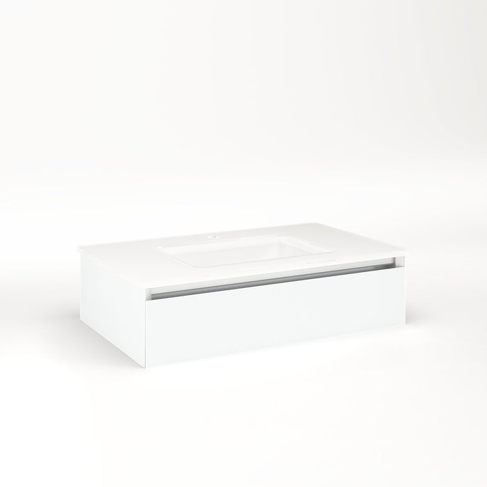 Cartesian 30-1/8" x 7-1/2" x 18-3/4" slim drawer vanity in matte white with slow-close tip out drawer and night light in 5000K temperature (cool light)