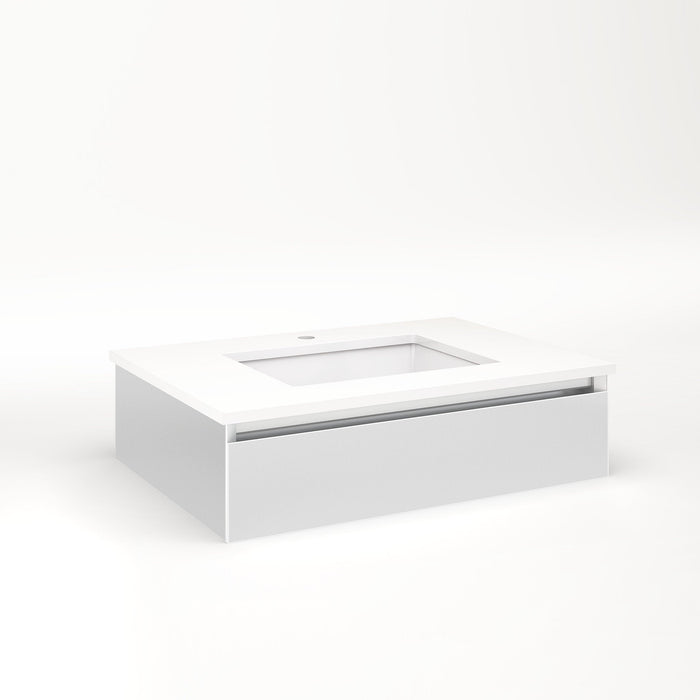Cartesian 30-1/8" x 7-1/2" x 21-3/4" slim drawer vanity in satin white with slow-close full drawer and night light in 5000K temperature (cool light)