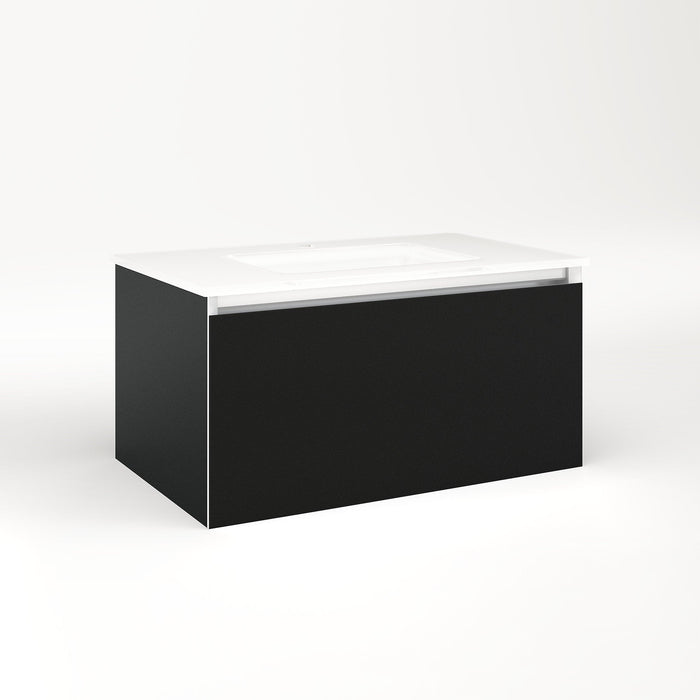 Cartesian 30-1/8" x 15" x 18-3/4" slim drawer vanity in matte black with slow-close full drawer and selectable night light in 2700K/4000K temperature (warm/cool light)