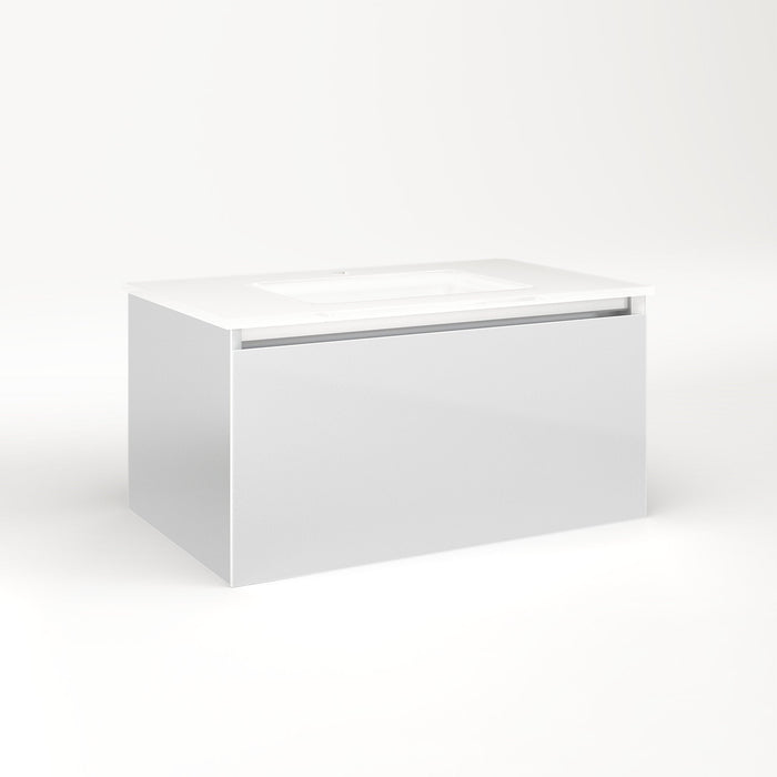 Cartesian 30-1/8" x 15" x 18-3/4" single drawer vanity in satin white with slow-close plumbing drawer and no night light