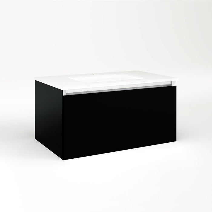 Cartesian 30-1/8" x 15" x 18-3/4" slim drawer vanity in black with slow-close plumbing drawer and selectable night light in 2700K/4000K temperature (warm/cool light)
