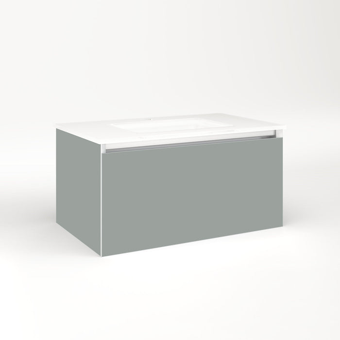 Cartesian 30-1/8" x 15" x 18-3/4" slim drawer vanity in matte gray with slow-close plumbing drawer and selectable night light in 2700K/4000K temperature (warm/cool light)