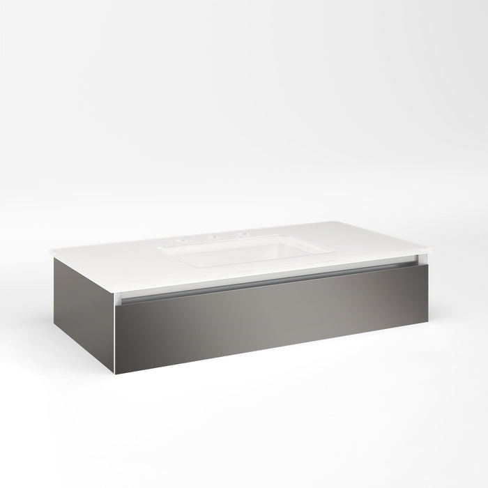 Cartesian 36-1/8" x 7-1/2" x 18-3/4" slim drawer vanity in tinted gray mirror with slow-close plumbing drawer and selectable night light in 2700K/4000K temperature (warm/cool light)