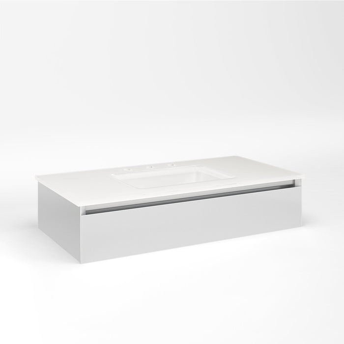 Cartesian 36-1/8" x 7-1/2" x 18-3/4" slim drawer vanity in satin white with slow-close tip out drawer and night light in 5000K temperature (cool light)