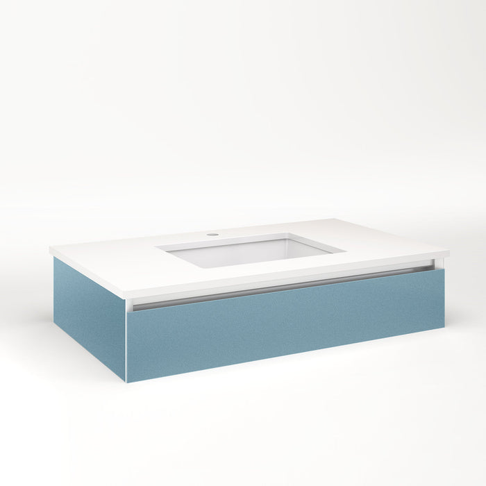 Cartesian 36-1/8" x 7-1/2" x 21-3/4" slim drawer vanity in ocean with slow-close plumbing drawer and night light in 5000K temperature (cool light)