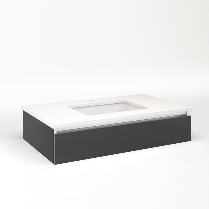 Cartesian 36-1/8" x 7-1/2" x 21-3/4" slim drawer vanity in smoke screen with slow-close plumbing drawer and night light in 5000K temperature (cool light)