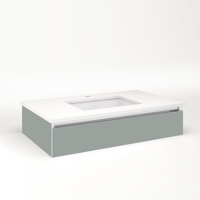 Cartesian 36-1/8" x 7-1/2" x 21-3/4" slim drawer vanity in matte gray with slow-close plumbing drawer and night light in 5000K temperature (cool light)