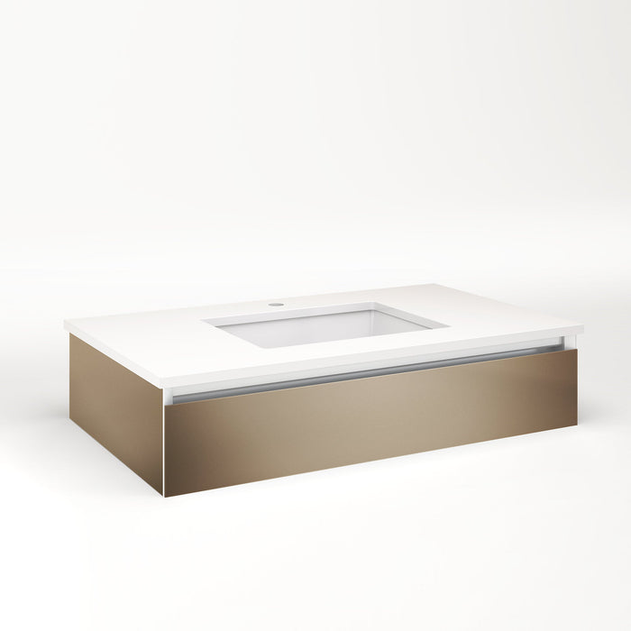 Cartesian 36-1/8" x 7-1/2" x 21-3/4" slim drawer vanity in satin bronze with slow-close tip out drawer and night light in 5000K temperature (cool light)