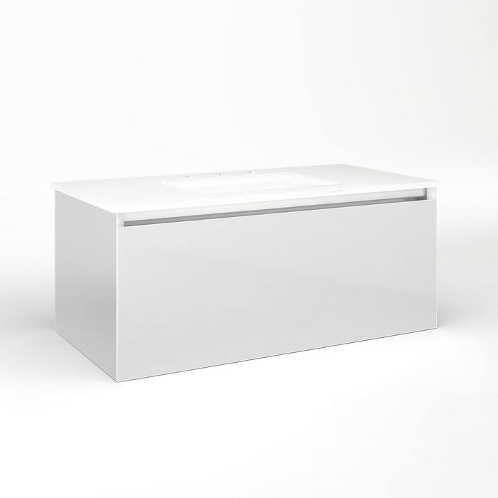 Cartesian 36-1/8" x 15" x 18-3/4" slim drawer vanity in satin white with slow-close full drawer and selectable night light in 2700K/4000K temperature (warm/cool light)